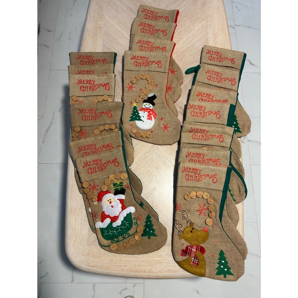 Lot of 15 Burlap Christmas Stockings Santa Snowman Reindeer Rustic Holiday Decor